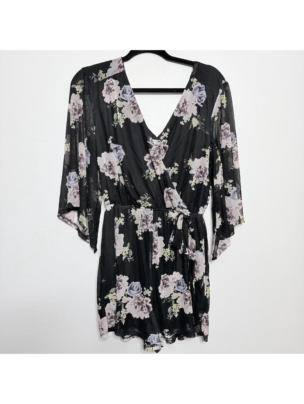 Charlotte Russe Black Floral Mesh Romper Wrap Style Sheer Sleeve Women Medium